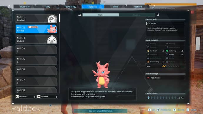 The Paldeck entry for Cattiva. The cute, pink creature looks similar to a cat.