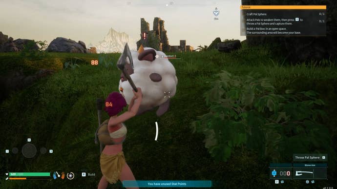 A Palworld character approaches a Lamball in the wild, and gets ready to strike it with a weapon.