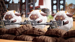 Three sheep-like pals line up with guns in Palworld