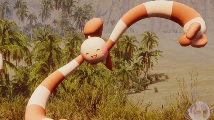 A Pal from Palworld with very long, striped arms. There are some palm trees in the background