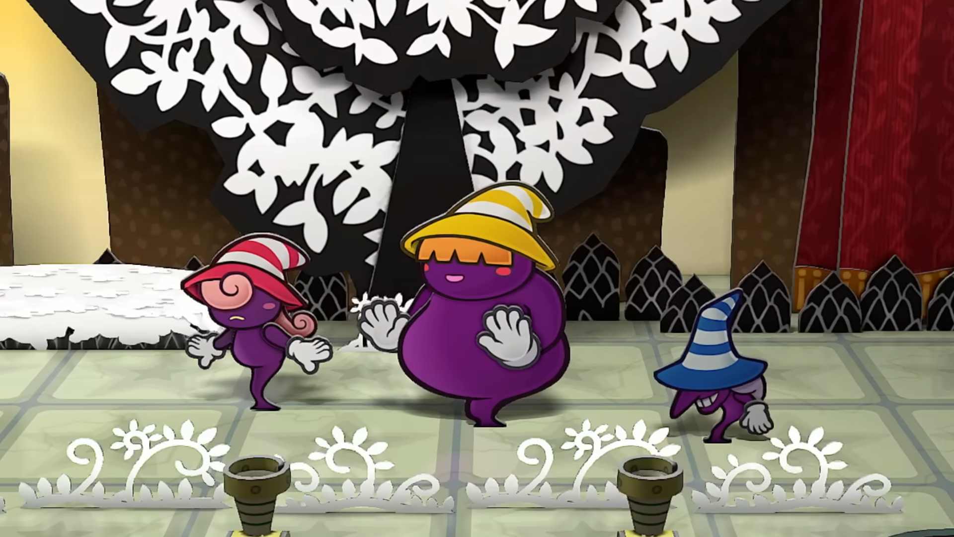 Screenshot of Paper Mario showing three purple ghost witch characters