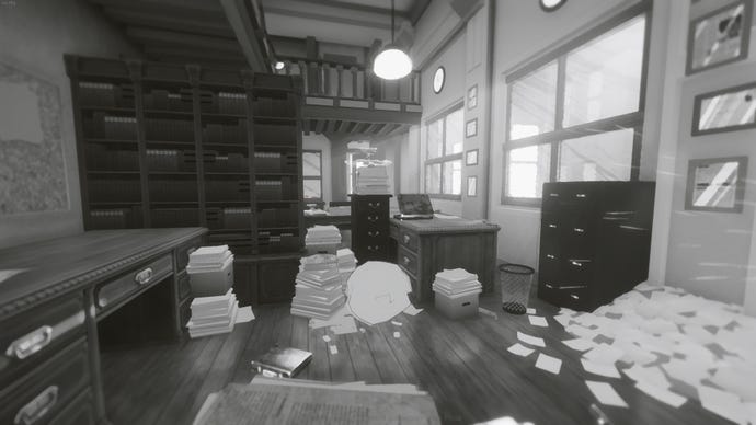 A paper ball rolls through a messy office in the black-and-white intro to Paper Sky's demo.