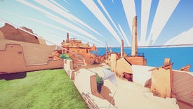 Our paper plane flies through a sunny village in the Paper Sky demo.