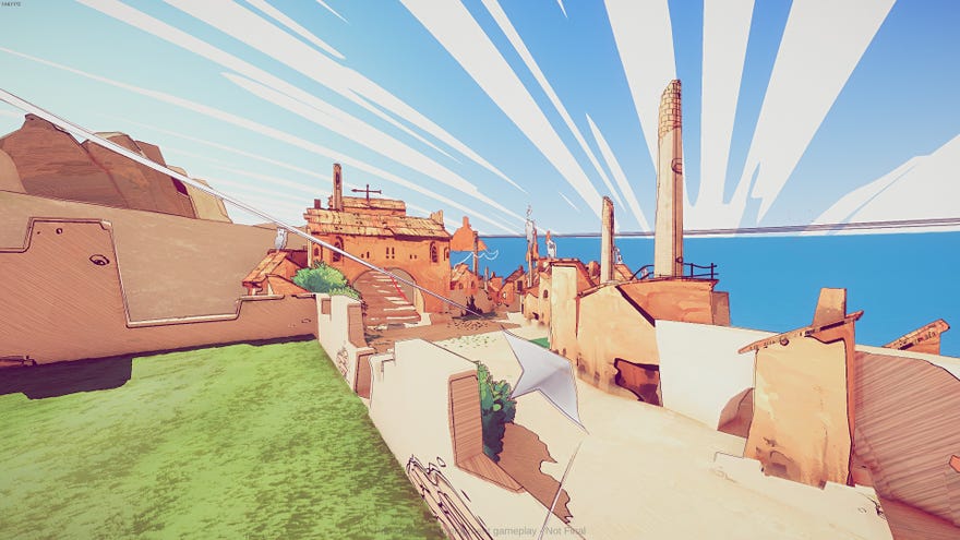 Our paper plane flies through a sunny village in the Paper Sky demo.
