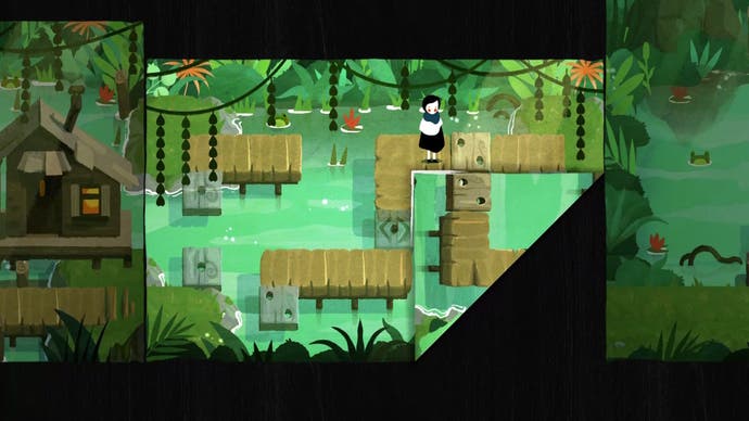 Main character standing on a wooden bridge above green water with the bottom right corner folded up, from a top-down view in paper drawing art style.