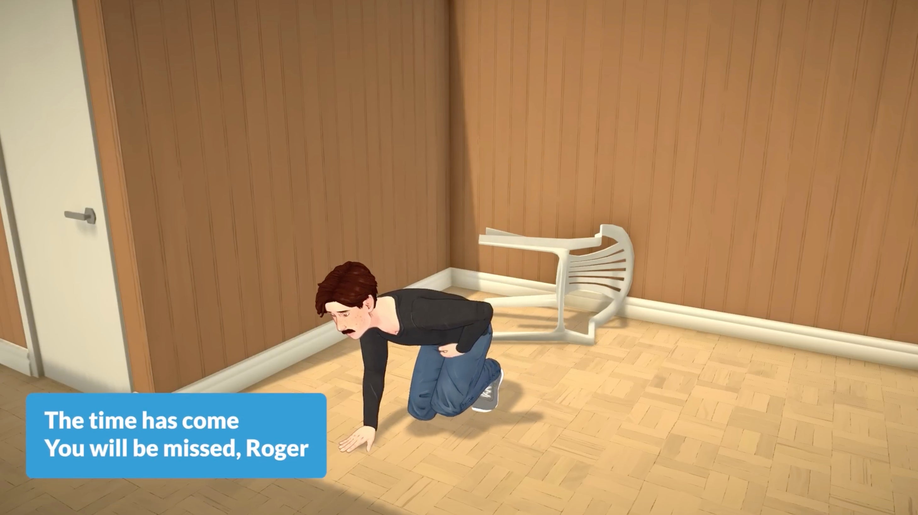 A moustached Parafolk called Roger kneels down and hugs his stomach in pain in a screenshot from Paralives.