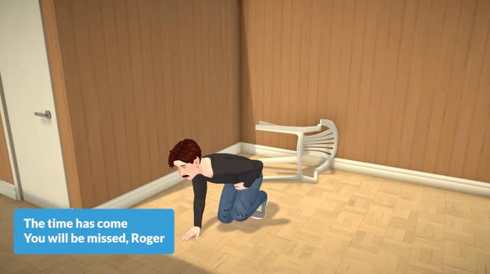 A moustached Parafolk called Roger kneels down and hugs his stomach in pain in a screenshot from Paralives.