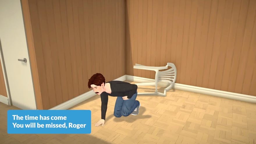 A moustached Parafolk called Roger kneels down and hugs his stomach in pain in a screenshot from Paralives.