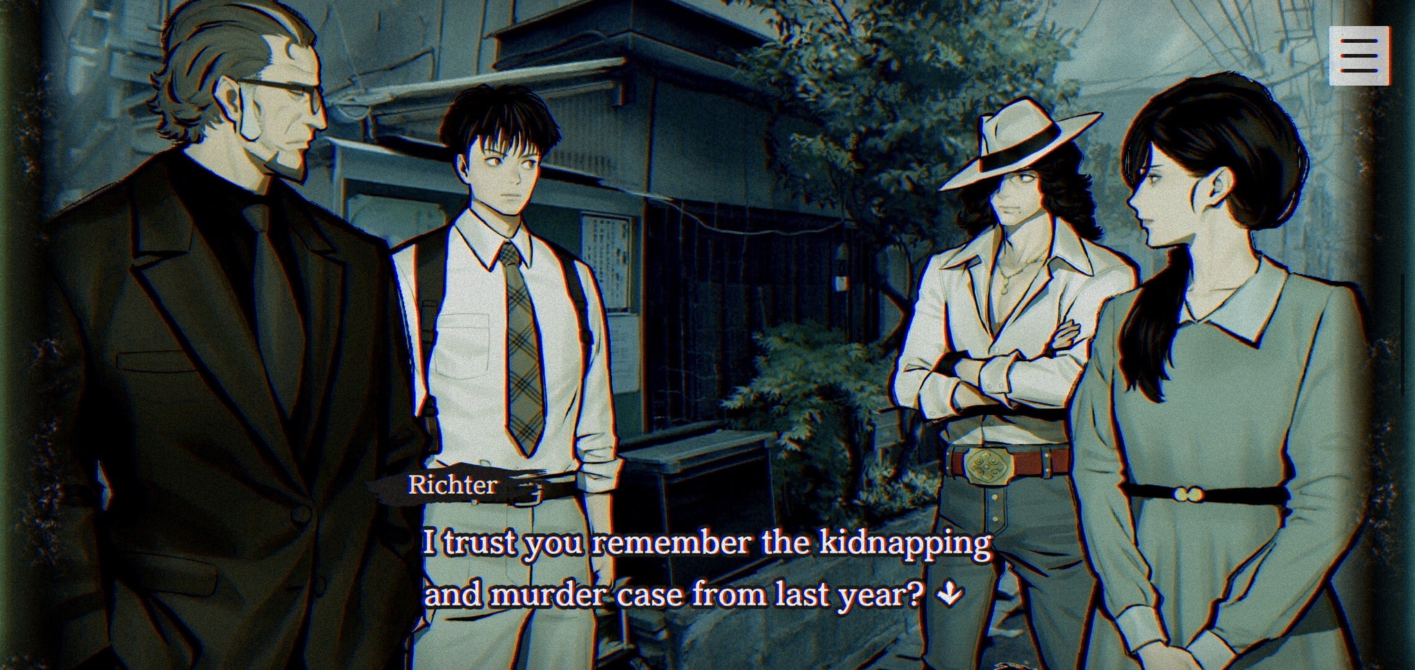 Tetsuo, Jun, Richter, and Harue meet on the street while their investigations overlap in Paranormasight. Richter is reminding the two police officers of the kidnap/murder case involving Harue's son. - 4