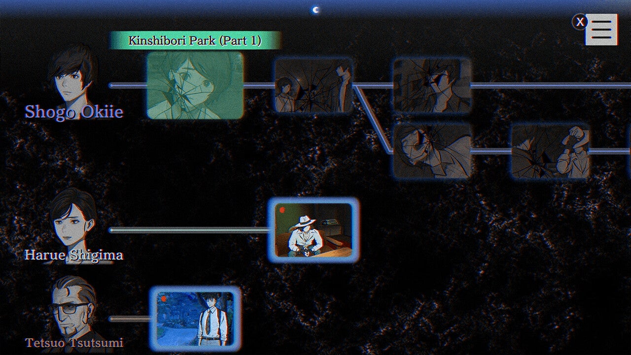 Paranormasight&rsquo;s story timeline with several tracks on display as little television screens.