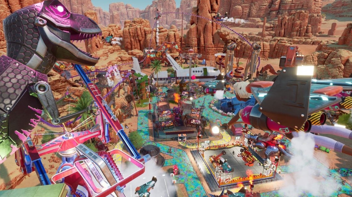 Mecha dino roars over a theme park in a screenshot from Park Beyond&rsquo;s first DLC