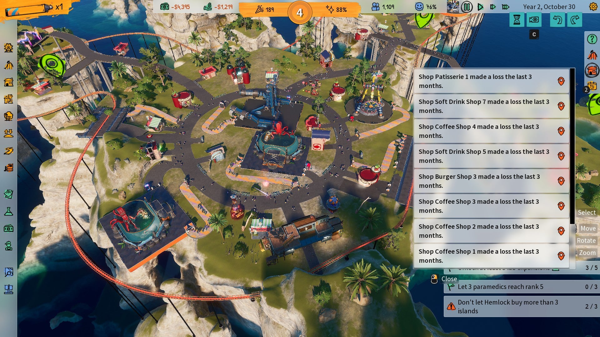 Screenshot of Park Beyond, showing a top down overview of a park, and several notifications about shops that are in debt