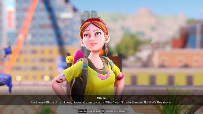Screenshot of Park Beyond, showing a cutscene of a young woman with a skateboard on her back introducing herself as ‘Blaize Ultra’