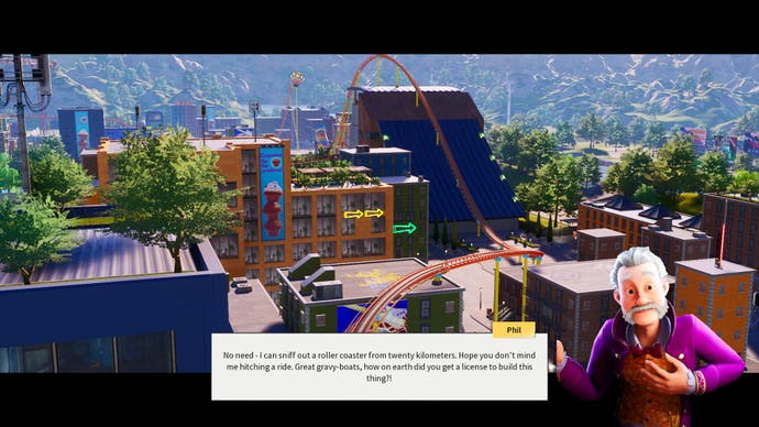 Screenshot of Park Beyond, showing a coaster cutting through a neighbourhood, while a flamboyantly dressed man comments on it, including ‘Great gravy-boats!’