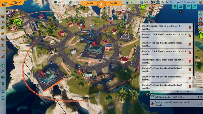 Screenshot of Park Beyond, showing a top down overview of a park, and several notifications about shops that are in debt