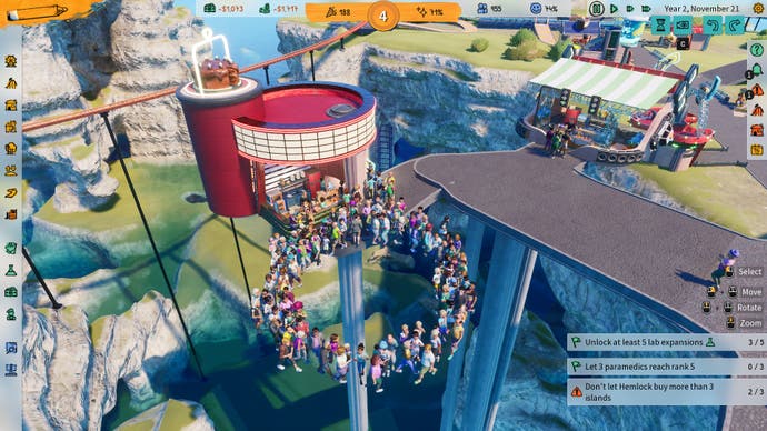 Screenshot of Park Beyond, showing some dubious pathing, and guests walking in a circle in mid-air outside a shop