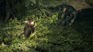 Path of Exile 2 gameplay showing a lush green area with a monkey-like enemy