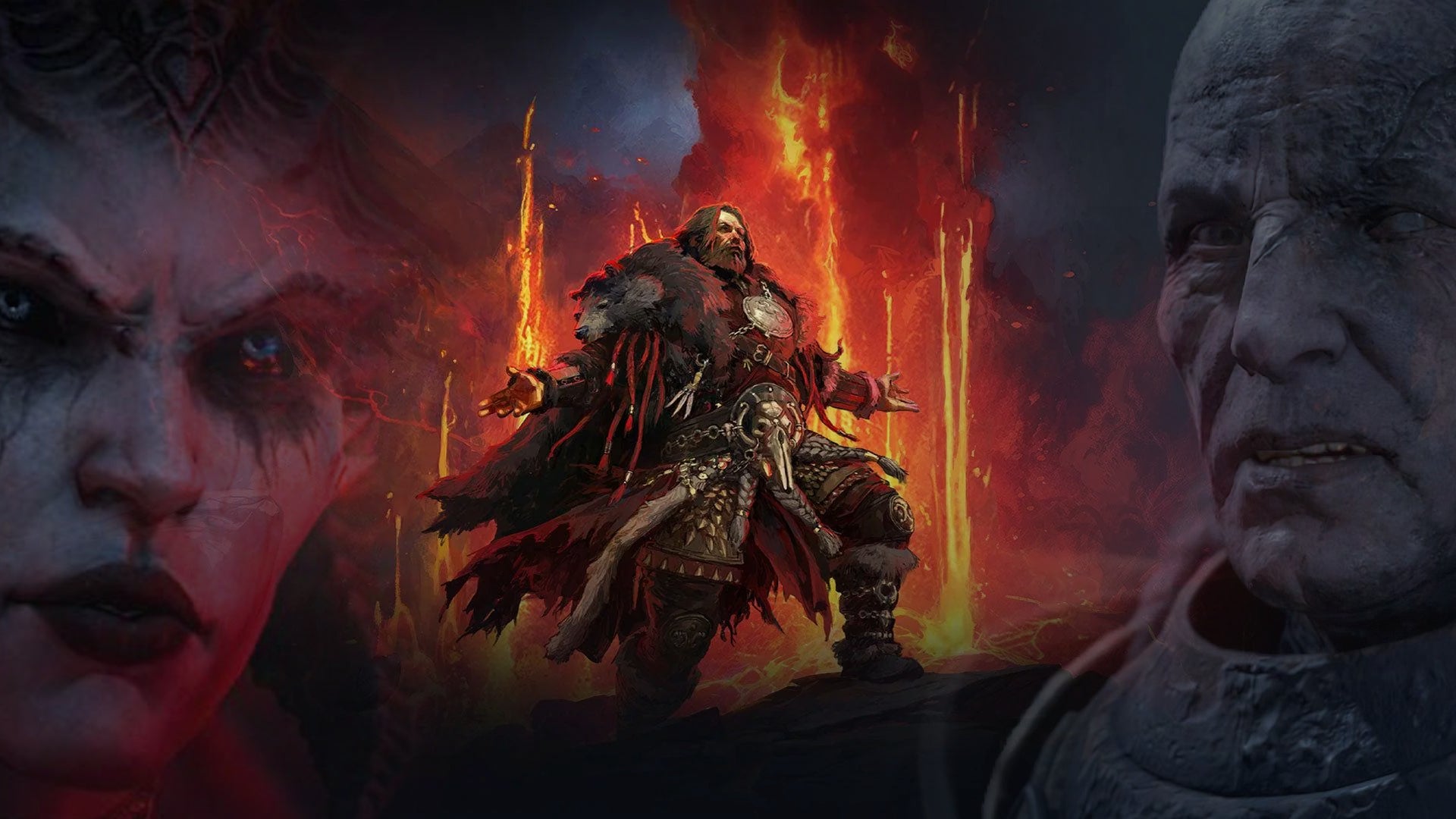 A Barabarian from Path of Exile 2 flanked by villains from the Diablo 4 release, and its expansion. - 1