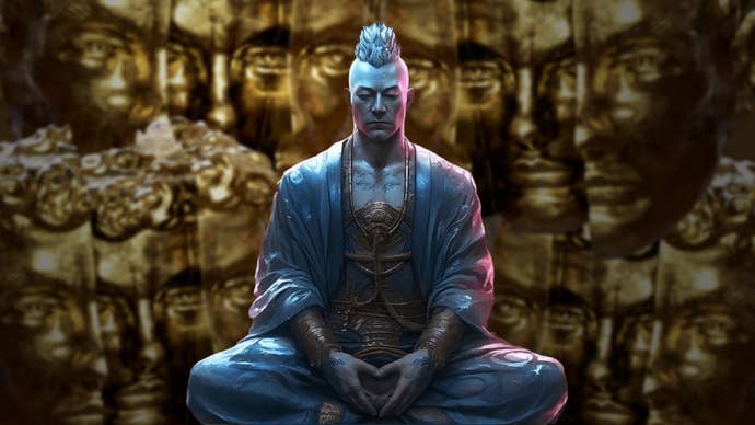 A mon k in Path of Exile sits cross-legged in the centre of the image, lots of currency orbs that look like faces staring down on him