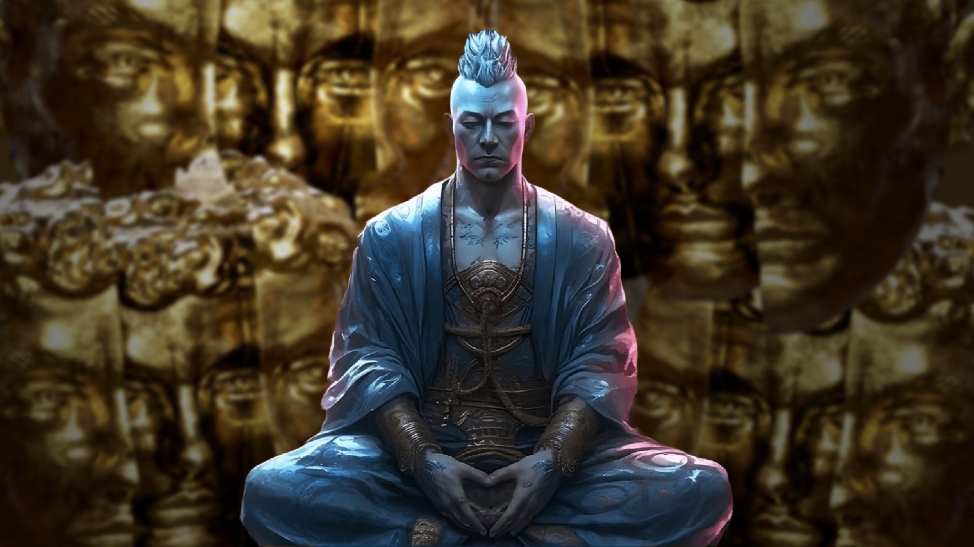 A mon k in Path of Exile sits cross-legged in the centre of the image, lots of currency orbs that look like faces staring down on him - 1