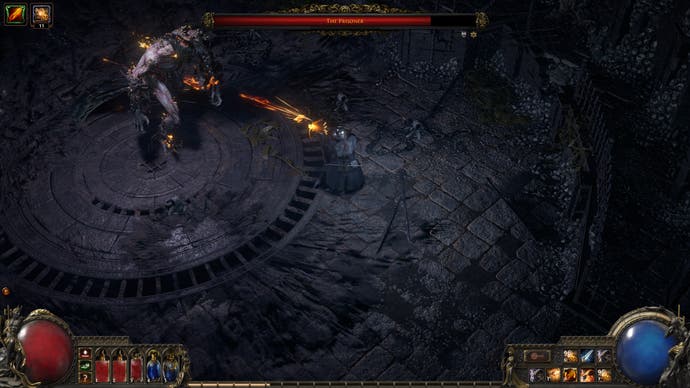 A diagonal-down screenshot showing the Mercenary character fighting in Path of Exile 2. They use a crossbow that functions a bit like guns in shooter games. Here, they fight amidst a dark, cobbled, crumbling town.