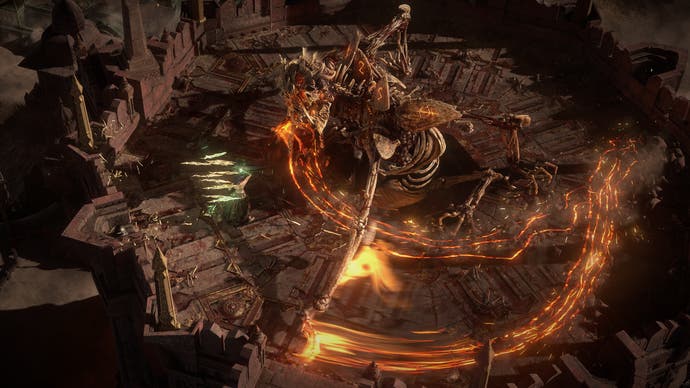 Path of Exile 2's giant Tor Gul boss, a huge skeletal monster, fires off fiery magic.