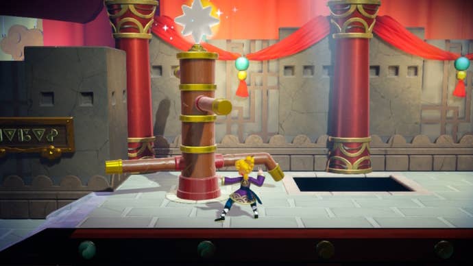 Kung Fu Peach stands beside a pillar with a Sparkle Gem atop it in Princess Peach: Showtime