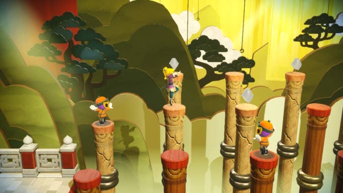 Kung Fu Peach jumps across some pillars collecting Sparkle Gems in Princess Peach: Showtime
