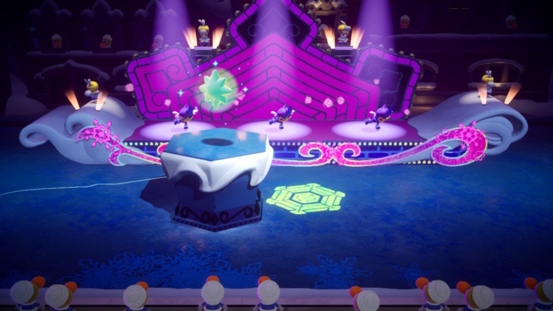 During a parade, Figure Skater Peach glides past a Sparkle Gem atop a small platform in Princess Peach: Showtime