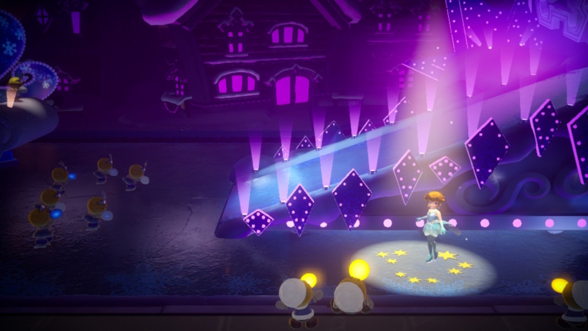 Figure Skater Peach stands atop a glowing spotlight in Princess Peach: Showtime