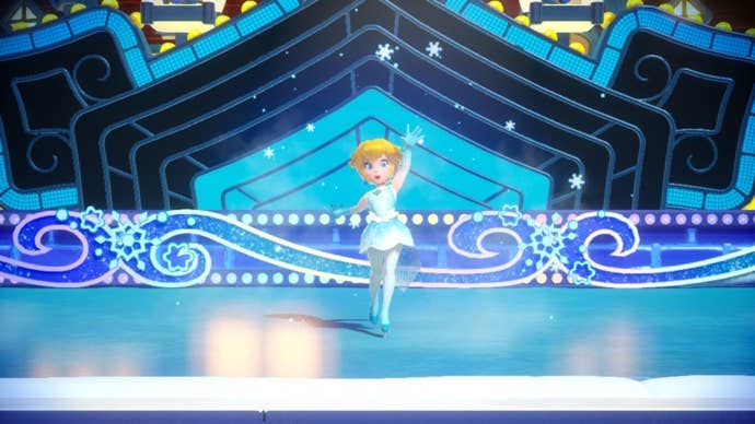 Figure Skater Peach is shown striking a pose in Princess Peach: Showtime