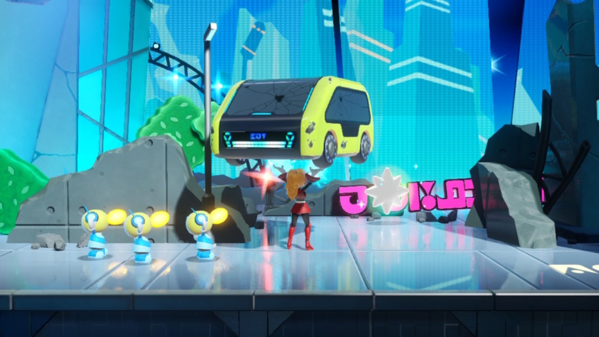 Mighty Peach lifts a car to reveal a Sparkle Gem in Princess Peach: Showtime - 7