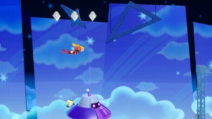Mighty Peach soars through the sky past some UFOs and Sparkle Gem segments in Princess Peach: Showtime