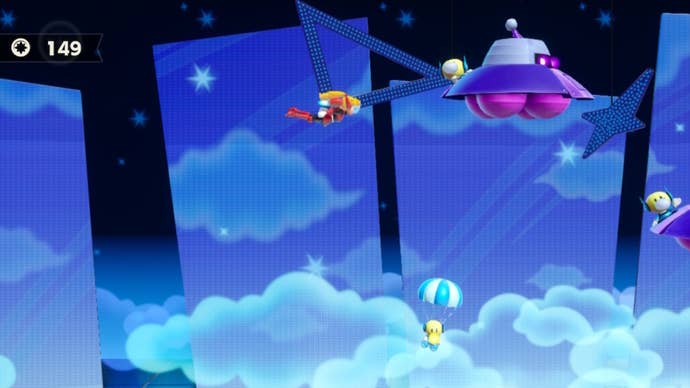 Mighty Peach soars through the sky past some UFOs and Theets in Princess Peach: Showtime