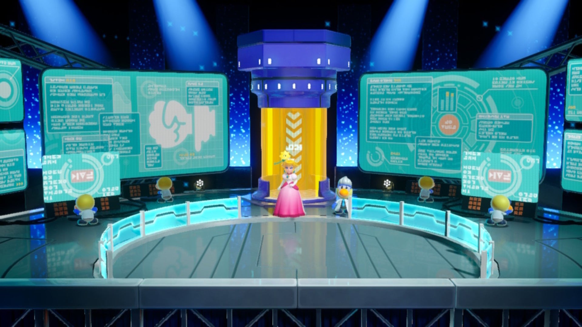 Peach enters a secret laboratory where the Mighty ability is given to her in Princess Peach: Showtime - 1