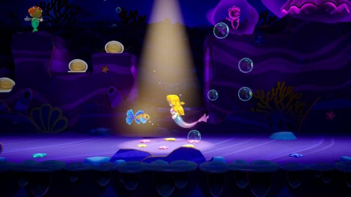 Mermaid Peach floats atop a spotlight in Princess Peach: Showtime