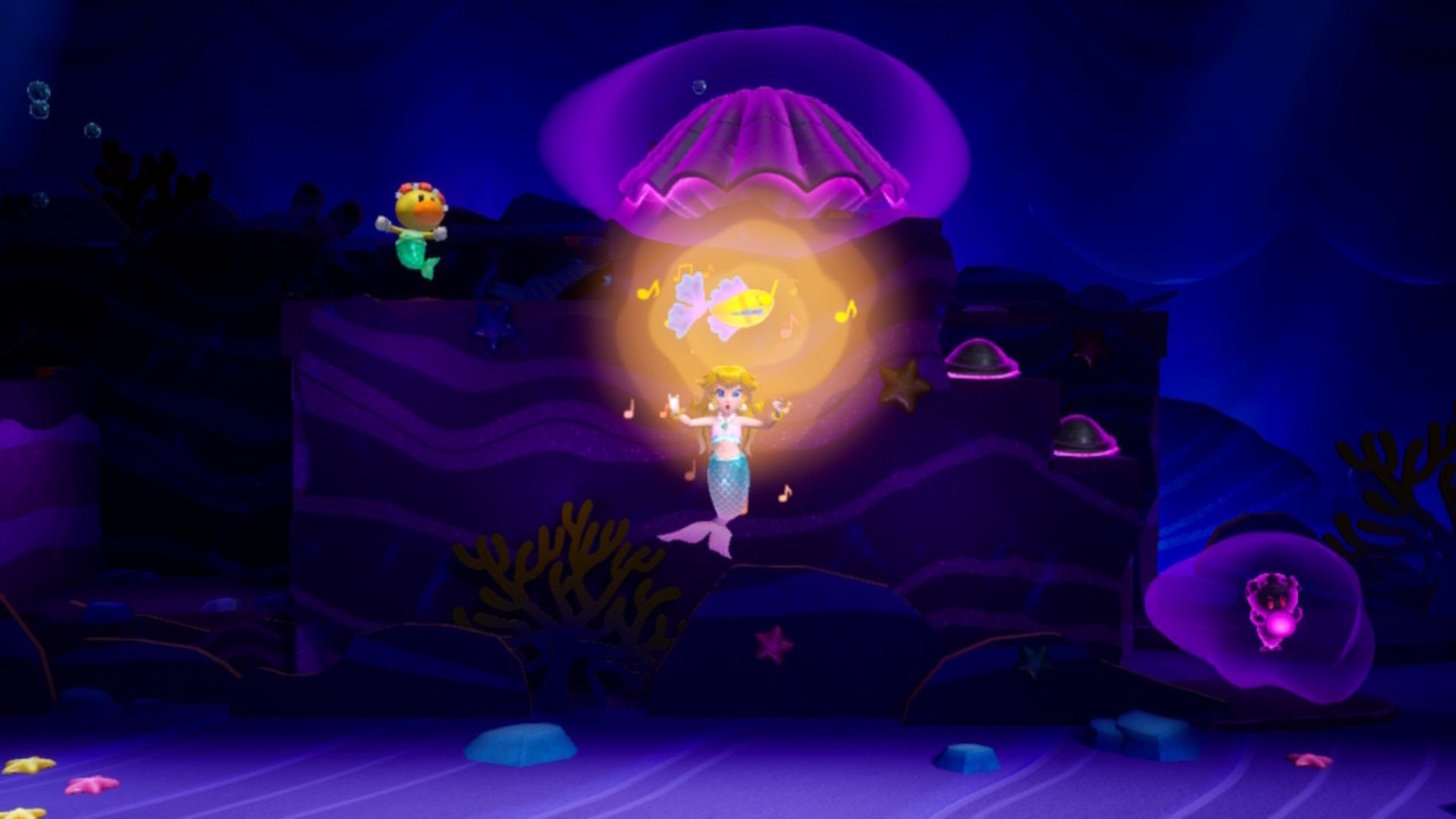 Mermaid Peach uses her powers to open a clam in Princess Peach: Showtime