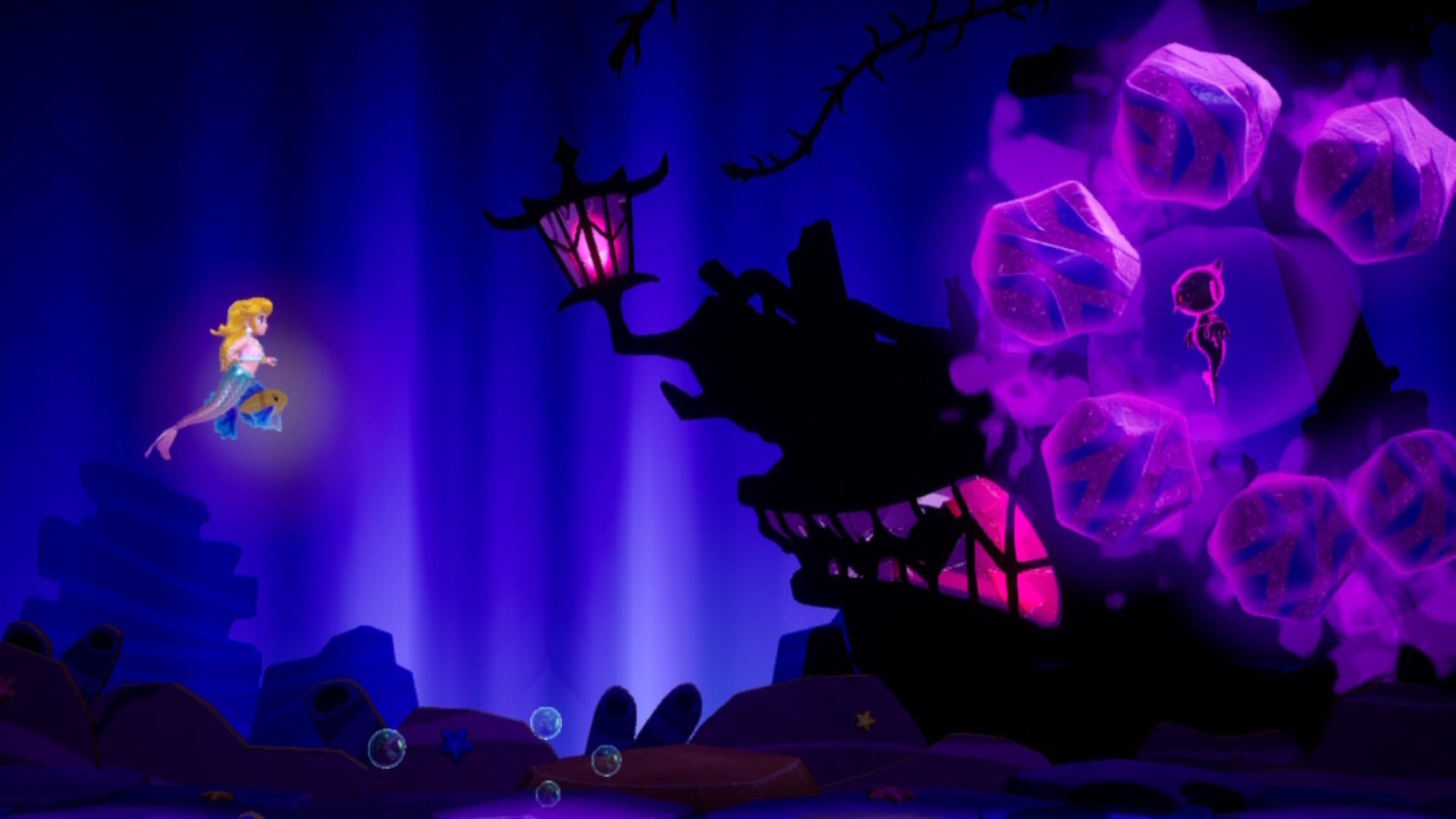 Mermaid Peach comes face to face with the Sour Bunch minions that are controlling a ghost ship in Princess Peach: Showtime