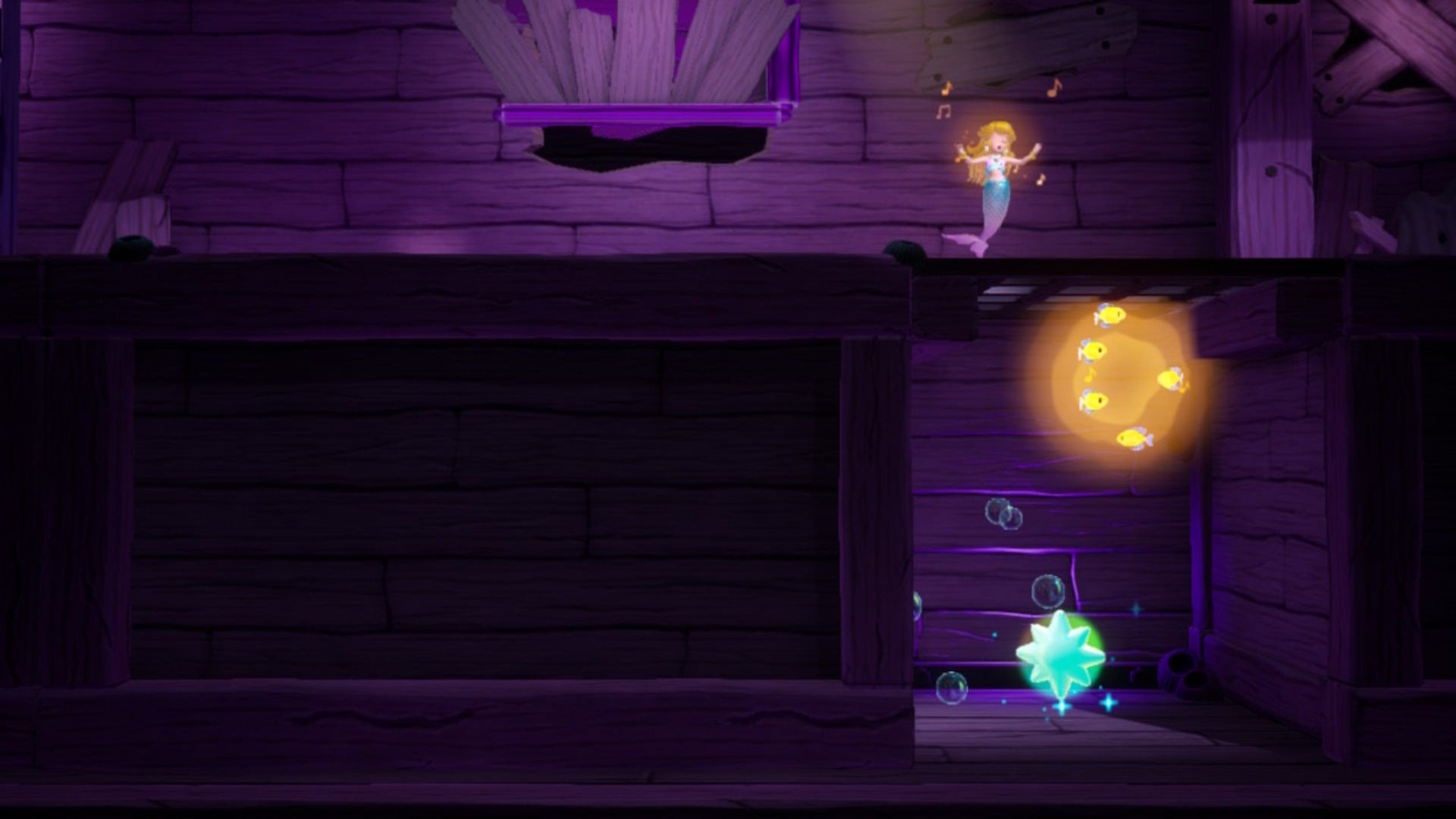 Mermaid Peach uses her powers and some fish to reach a Sparkle Gem in Princess Peach: Showtime