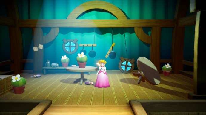 Peach makes three cactuses bloom in a small room in Princess Peach: Showtime