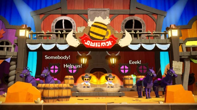 The exterior of the saloon is shown in Princess Peach: Showtime, where a Sparkle Gem can be seen behind some enemy minions