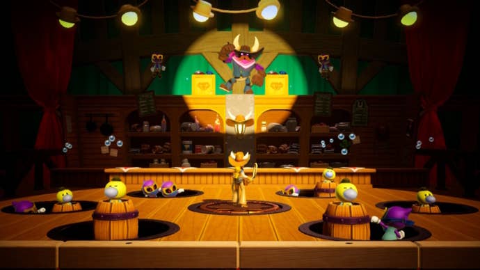 Peach faces an enemy mini-boss while in the saloon holding her lasso, surrounding by enemy minions and barrels containing Theets in Princess Peach: Showtime