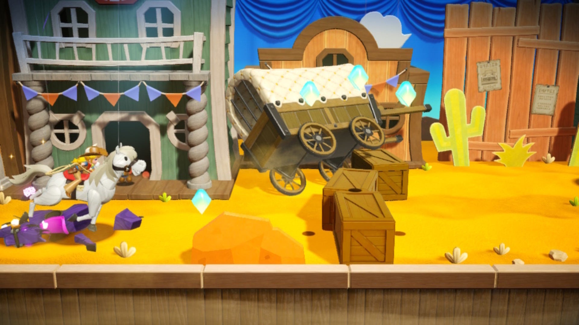 Peach rides on horseback collecting Sparkle Gem segments and avoiding hurdles in Princess Peach: Showtime