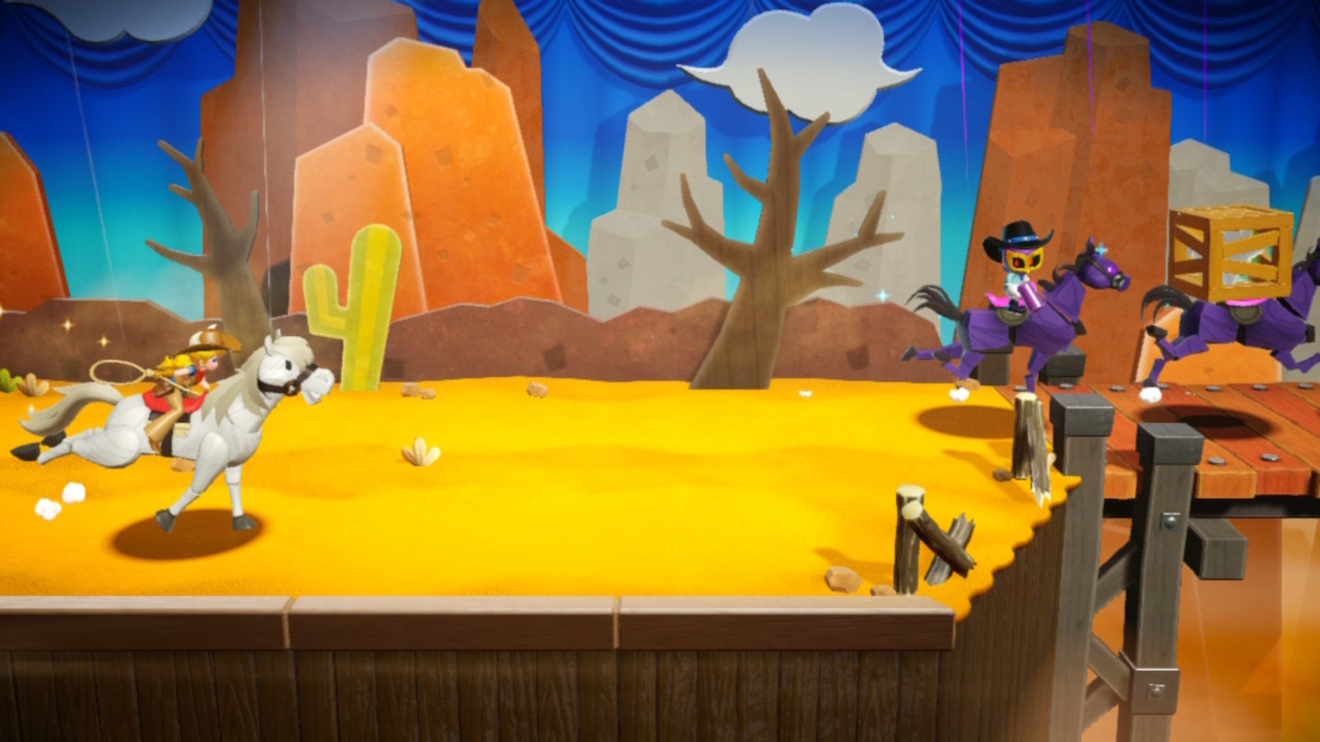 Peach pursues multiple enemies on horseback, one of which has a Sparkle Gem on their back in Princess Peach: Showtime