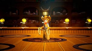 Cowgirl Peach stands in the middle of a saloon holding her lasso while surrounded by Theets in Princess Peach: Showtime