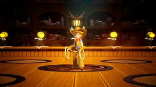Cowgirl Peach stands in the middle of a saloon holding her lasso while surrounded by Theets in Princess Peach: Showtime