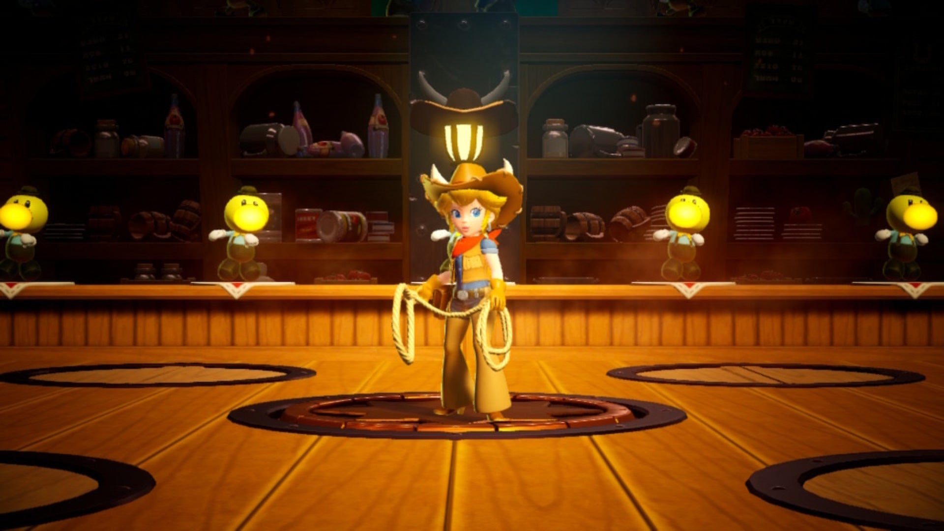 Cowgirl Peach stands in the middle of a saloon holding her lasso while surrounded by Theets in Princess Peach: Showtime - 1