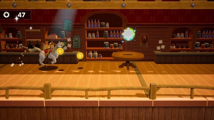 Cowgirl rides through the saloon on horseback, where a Sparkle Gem can be found in Princess Peach: Showtime