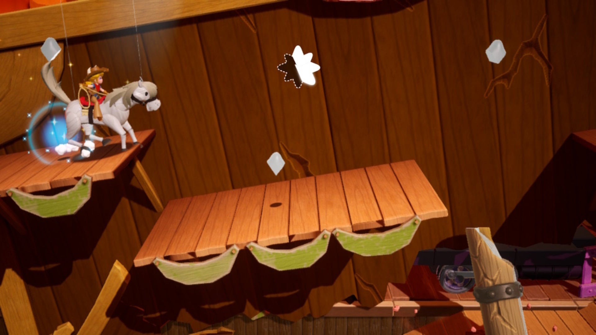 Cowgirl Peach rides on horseback collecting Sparkle Gem segments in Princess Peach: Showtime