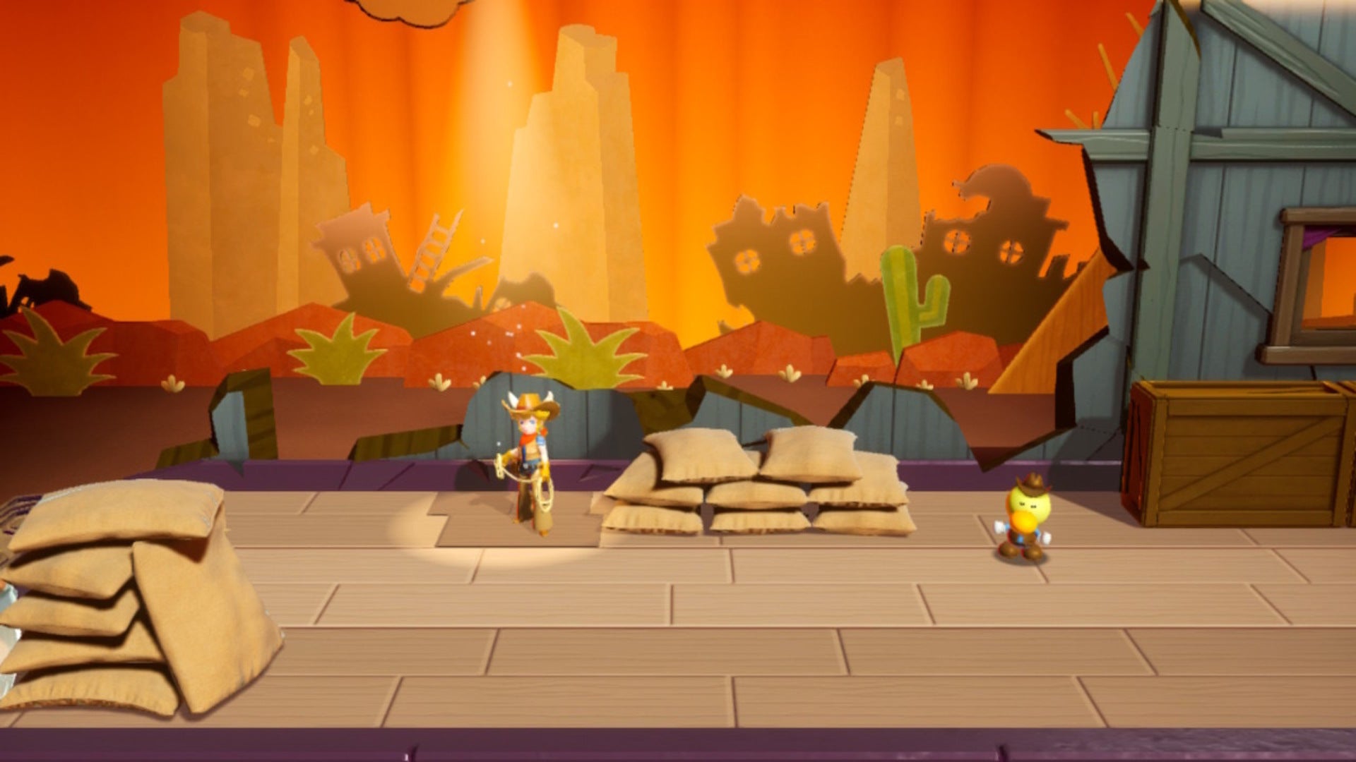 Cowgirl Peach stands atop a spotlight on a broken train carriage in Princess Peach: Showtime - 6